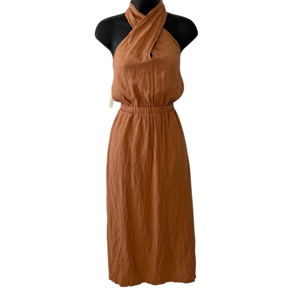 Anthropologie Cloth & Stone Orange Linen Cross-Halter Maxi Dress Size M NWT